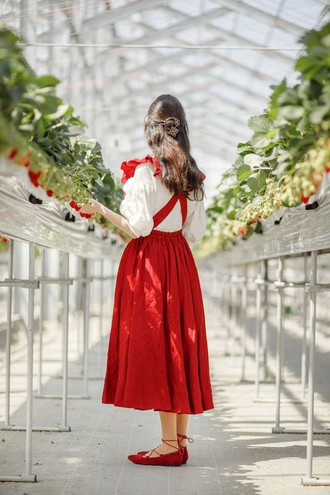 Women Pinafore Dress, Linen Midi Dress With Pockets, Ruffle Linen Pinafore, Vintage Style Dress, Red Apron Dress, Cross Back Dress - Etsy UK Red Pinafore Dress Outfit, Pinafore Vintage, Luxury Red Linen Dress, Red Tie-back Midi Dress For Summer, Red Pinafore, Cotton Cottagecore Pinafore Dress, Cross Back Dress, Midi Dress With Pockets, Red Apron