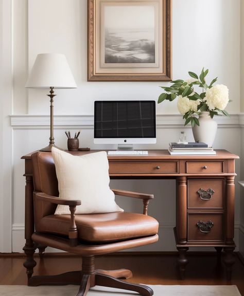 Office With Writing Desk, Vintage Modern Desk Setup, Modern Antique Office, Business Desk Aesthetic, Home Office Men Ideas, Moody Vintage Office, Study Room Desk Ideas, Women’s Office, Dark Moody Office