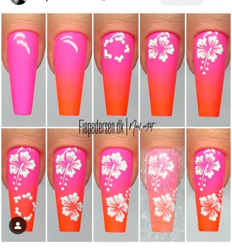 Nails Watermelon Design, Flower Drawing Nails, How To Draw Flower On Nail, Nail Drawing Tutorial, Step By Step Flower Nail Art, Nail Art Designs Step By Step, Flower Nails Step By Step, Flower Nail Art Tutorial Step By Step, Summer Flowers Nails