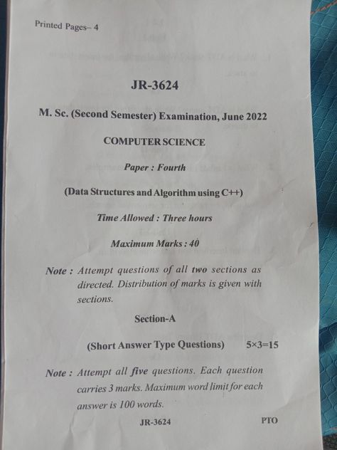 Msc computer science previous year question papers vikram University ujjain 2022 Second Semester, Previous Year Question Paper, Data Structures, 100 Words, Question Paper, Printed Pages, Previous Year, Computer Science, University