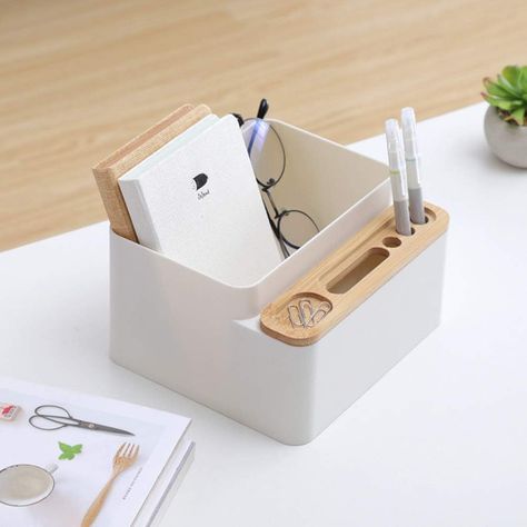 The Desktop Storage Organizer can hold your smartphone and store your pens, scissors, makeup brushes, hand cream and other small items. It help you to organize your desk and save space and time for you. Spend less time to look for where your office workspace accessories played up and more time focusing on other matters. #officesupplies #organizer #minimalaesthetic #homeoffice #backtoschool Modern Bureau, Desk Stationery, Makeup Brush Organization, Pen Organization, Stationery Organization, Wooden Desk, Desktop Storage, Organiser Box, Drawer Organisers