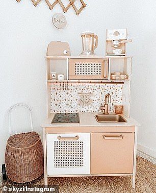 After: Ms Hearnshaw's stylish update, with rattan inserts in the doors of the microwave an... Ikea Kitchen Diy, Ikea Kitchen Hack, Ikea Toy Kitchen, Play Kitchen Hack, Ikea Kids Kitchen, Ikea Kitchen Hacks, Ikea Play, Ikea Play Kitchen, Ikea Duktig