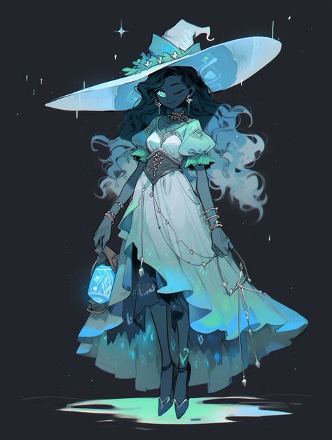 Water Themed Character Design, Witch Oc Character Inspiration, Witch Design Character, Witch Outfits Drawing, Cute Witch Character Design, Cute Necromancer, Witch Outfit Design, Dnd Witch Character, Witch Armor