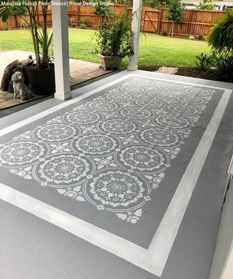 Backyard Stencils: Cheapest DIY Renovation Ideas with Floor Stencils – Royal Design Studio Stencils Stenciled Concrete Floor, Design Per Patio, Paint Concrete Patio, Stencil Concrete, Architecture Renovation, Royal Design Studio Stencil, Painted Concrete, Painted Concrete Floors, Concrete Patios