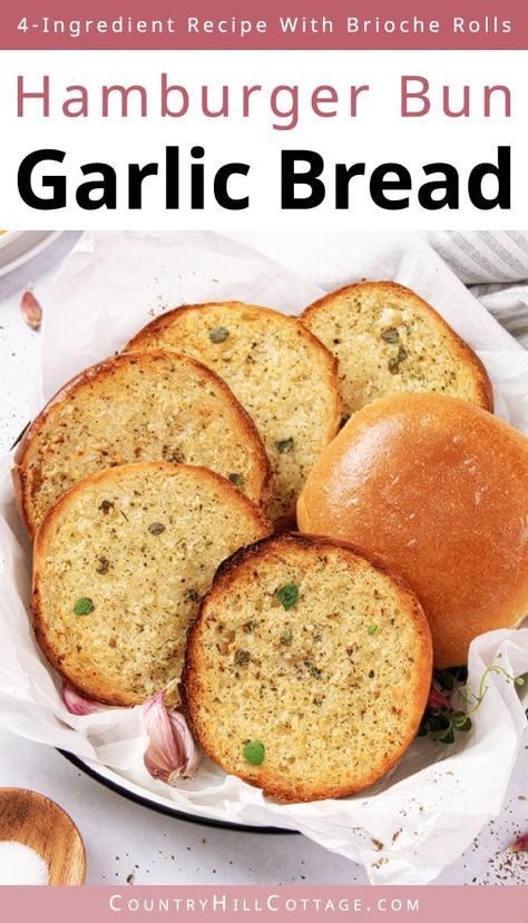 See how to make simple garlic bread with hamburger buns from scratch. This super easy recipe for homemade hamburger garlic bread makes buttery garlic bread in 20 minutes. Perfectly crispy and toasted, brioche garlic bread is a tasty appetizer and easy side for pasta dishes, a hot bowl of soup, or to dip into sauce. The garlic butter spread is made with just 3 ingredients. Includes variations for cheesy garlic bread, air fryer, French bread, hot dog buns, Hawaiian rolls. | CountryHillCottage.com Brioche Garlic Toast, Garlic Bread From Hamburger Buns, Garlic Hamburger Buns, Garlic Bread Hamburger Buns, Garlic Bread Using Hamburger Buns, Garlic Bread With Hot Dog Buns, Garlic Bread With Hamburger Buns, Hamburger Bun Garlic Bread, Garlic Bread Buns