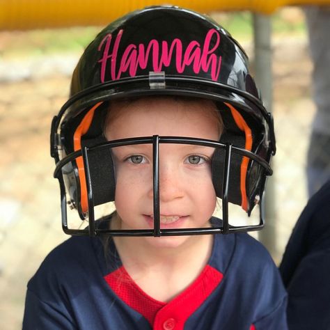 Softball Helmet Decals Vinyls, Personalized Softball Helmet, Cranial Helmet Designs Girl, Baseball Helmet Airbrush Ideas, Kids Softball, Softball Helmet, Front Door Decal, Tooth Fairy Bag, Helmet Hair