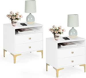 AILEEKISS Nightstands Set of 2 with Wireless Charging Function Wooden Night Stands 2 Sets with Drawers and Open Shelf Storage End Table Home Bedside Table for Bedroom (White 2 Sets) White And Gold Nightstand, Open Shelf Storage, Storage End Table, Side Tables For Bedroom, Nightstand Set Of 2, Bedroom Cabinets, Modern Bedside Table, Wooden Nightstand, Set Of Drawers