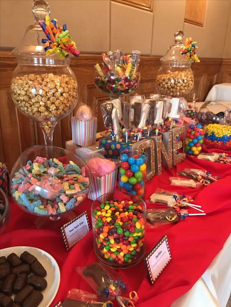 This is a first Birthday colorful candy table we made at Don Pepe Steakhouse in Pine Brook, NJ Candy Buffet Ideas Birthday, Birthday Party Candy Table, Birthday Candy Table, Diy Dessert Table, Candy Table Decorations, Budget Desserts, Bar A Bonbon, Candy Bar Birthday, Party Sweets