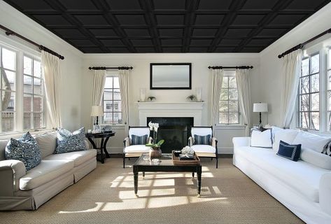 Living Room In Luxury Home Drop Ceiling Ideas, Ceiling Update, Drop Ceiling Designs, Plastic Ceiling Panels, Ceiling Styles, Black Ceiling Tiles, Drop Ceiling Basement, Plastic Ceiling Tiles, Coffered Ceiling Design