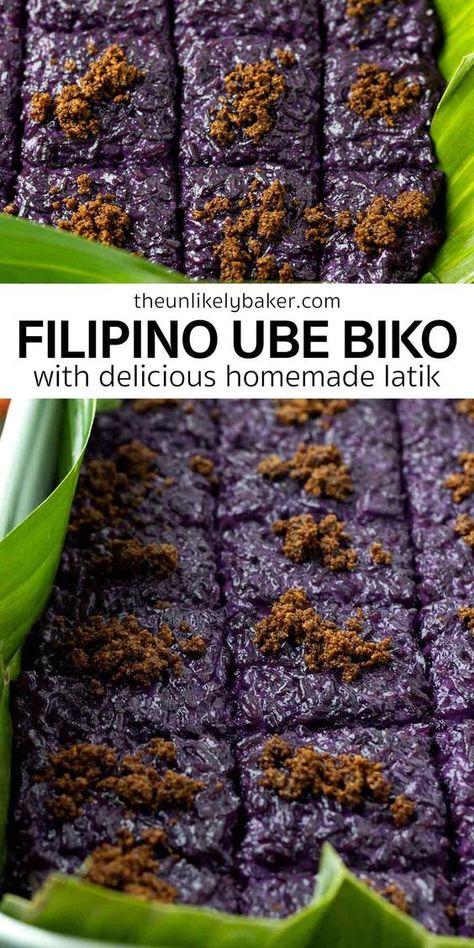 Ube biko is a kind of Filipino sticky rice cake made of glutinous rice and coconut, and packed with ube flavor. Easy to make, no need to bake, delicious! Check out the recipe with lots of tips and FAQs. Filipino Sticky Rice, Ube Biko, Ube Dessert Recipe, Biko Recipe, Easy Filipino Recipes, Sticky Rice Cakes, Filipino Dessert Recipes, Sticky Rice Cake, Pinoy Dessert