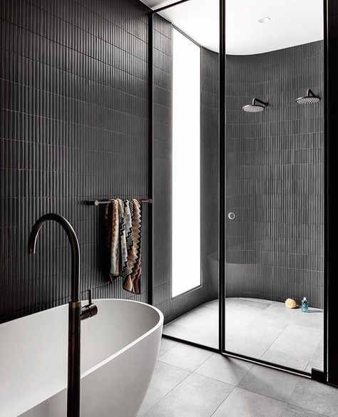 A moody and masculine bathroom design! The bold black kit Kat tiles give this space such a strong look! • • • • • • • • • • • •… Masculine Bathroom Design, Kit Kat Tiles, Black Tile Bathrooms, Moody Bathroom, Masculine Bathroom, Dark Bathrooms, Black Kit, Minimalist Bathroom, Kit Kat