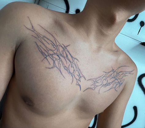 chest tattoo by (@/olyaglotova) on ig Simplistic Chest Tattoo, Cybersigil Chest Tattoo, Chest Cybersigilism Tattoo, Sigil Chest Tattoo, Grunge Chest Tattoo, Cybersigilism Tattoo Chest, Cybersigilism Chest Tattoo, Sigil Tattoo Men, Anime Chest Tattoo