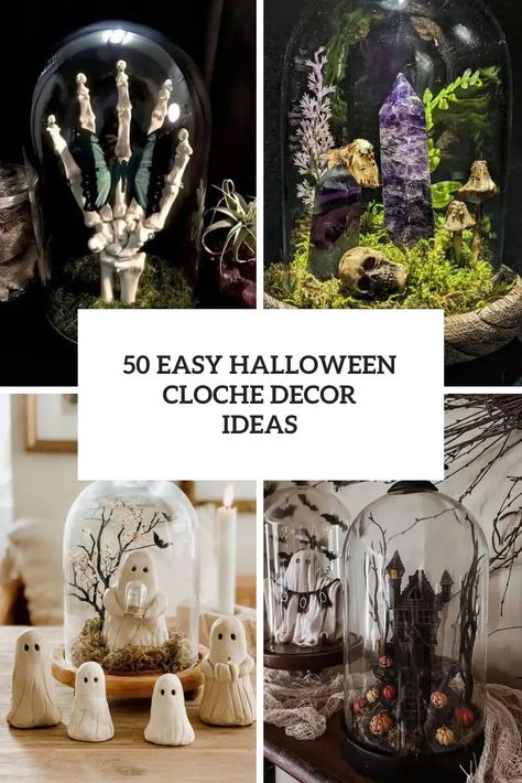 easy halloween cloche decor ideas Cloche Halloween Ideas, Cloche Ideas Halloween, Gothic Cloche Ideas, Cloche Decor Halloween, Cloches Decor Ideas For Halloween, Cloche Display Ideas, Diy Halloween Terrarium, Witchy Cloche Ideas, Diy Halloween Cloche Ideas