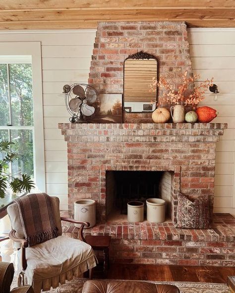 Ranch House Fireplace, Family Room With Brick Fireplace, Brick Herringbone Fireplace, Craftsman Brick Fireplace, Door Next To Fireplace, Cottage Stone Fireplace, Red Brick Fireplace Mantle, Brick Fireplace With Wood Mantle, Real Fireplace Ideas