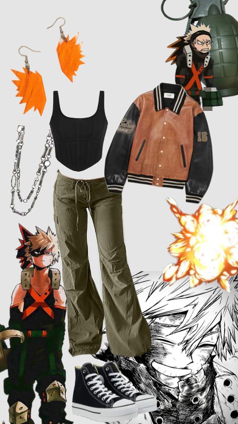 #bakugoukatsuki #bakugo #mha #myheroacademia #bomberjacket #earrings #necklace #silverchain #cargopants Bakugo Gauntlets Diy, Bakugou Cosplay Diy, Bakugo Earrings, Deku Inspired Outfit, My Hero Academia Outfits Ideas, Bakugo Outfit Ideas, Bakugou Inspired Outfit, Mha Casual Clothes, Bakugo Inspired Outfit