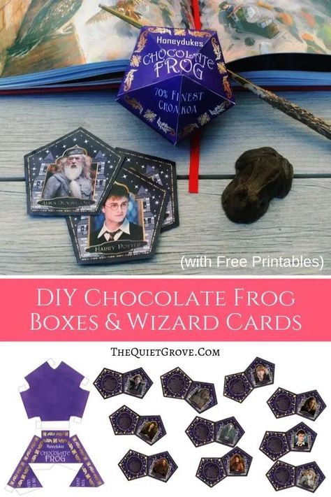 These Easy DIY Chocolate Frog Boxes & Wizard Cards paired with a delicious chocolate Frog make for the perfect gift for any Harry Potter Fan! (Includes Free printable Chocolate Frog box, Wizard cards, and chocolate frog tutorial) #HarryPotter #HarryPotterPrintable #ChocolateFrogBox #WizardCards Harry Potter Chocolate Frog Box Template, Harry Potter Easy Crafts, Harry Potter Paper Printables, Chocolate Frog Box Template, Harry Potter Cricut Projects, Chocolate Frogs Harry Potter, Frog Tutorial, Harry Potter Treats, Frog Box