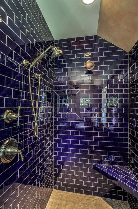 Modern West Meets Morocco - Marcelle Guilbeau Dark Blue Bathroom Tiles, Blue Tiled Bathroom, Blue Bathroom Tiles, Dark Blue Bathroom, Dark Blue Tile, Mediterranean Bathroom, Tiled Bathroom, Shower Remodel Diy, Small Shower Remodel