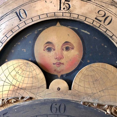 Old Beaver Antiques on Instagram: “Moon and Stars, 19th Century Hand Painted Clock Face https://oldbeaverantiques.etsy.com #clockface #mooncycle #moonandstars…” Old Clock Painting, Chalk Paint Grandfather Clock, Grandfather Clock Face, Old Clock Faces Vintage, Vintage Man In The Moon Faces, Vintage Moon Face Illustration, Clock Face Printable, Moon Clock, Old Clock