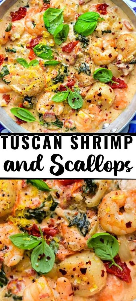 Tuscan Shrimp and Scallops in a rich creamy sauce with sun dried tomatoes and spinach. A super easy recipe that’s quick enough for a weeknight dinner but fancy enough for a dinner party! Scallop Recipes Baked, Sun Dried Tomatoes And Spinach, Scallop Recipes Pasta, Shrimp And Scallop Recipes, Tuscan Shrimp, Scallop Pasta, Fried Scallops, Shrimp Linguine, Shrimp Scallops