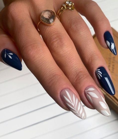 almond-shaped, navy, and nude nails with leaves Blue Nails Acrylic, Cute Easter Nails, Blue Wedding Nails, Deer Nails, Blue Prom Nails, Blue And Silver Nails, Silver Nail Designs, Blue And White Nails, Spring Nails 2023