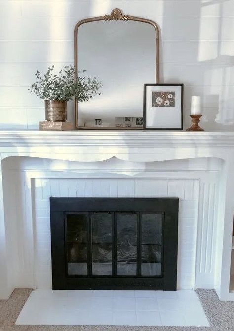 Mirror Above Fireplace Mantle, Mirror Mantle Decor, Square Mirror Decor, Vintage Style Vanity, Brick Fireplace Mantles, Mirror Above Fireplace, Flat Bedroom, Mirror World, Above Fireplace