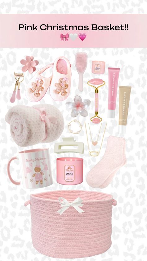 #fyp #pink #christmas #pinkmas #giftideas #giftbasket #ideas #inspo Pink Gift Basket Ideas For Women, Ideas For Bff Birthday Gifts, Gift Basket Pink Theme, Pink Burr Basket Ideas Cheap, Pink Christmas Basket Ideas, Pink Christmas Gift Ideas, Girly Gift Basket Ideas, Basket Giveaway Ideas, Pinkmas Wishlist