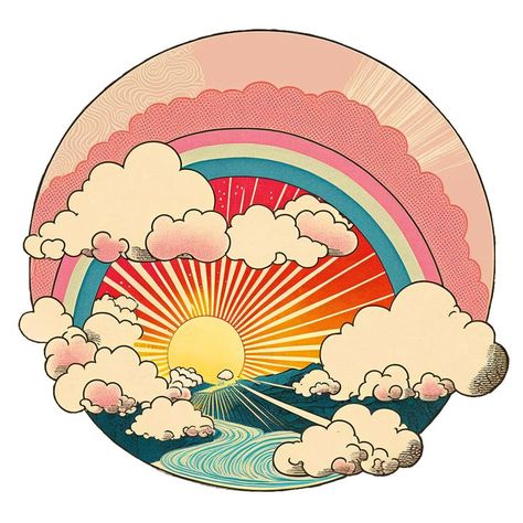 a rainbow in a pink sky surrounded by clouds and a sun shining at the bottom. Rainbow With Clouds Drawing, Retro Sun Illustration, Rainbow Illustration Design, Rainbow Drawing Aesthetic, Vintage Rainbow Aesthetic, Sun Art Drawing, Rainbow Illustration Art, Retro Rainbow Wallpaper, Sunrise Illustration