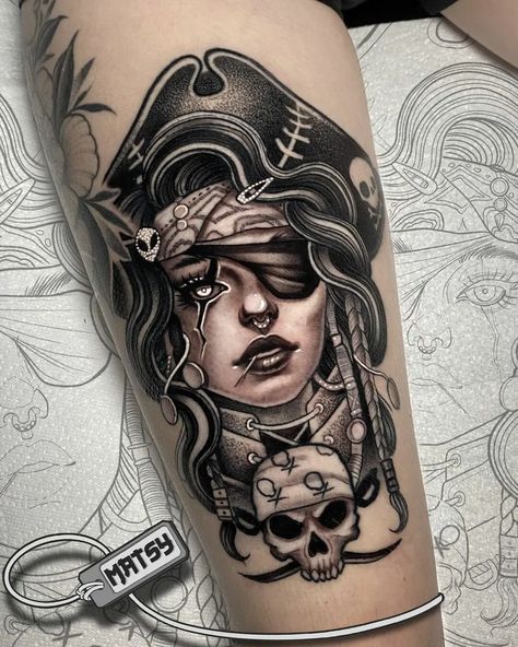 101 Best Pirate Tattoo Ideas You Have To See To Believe! - Outsons Pirate Lady Tattoo, Pirate Tattoo Ideas, Pirate Mermaid Tattoo, Pirate Themed Tattoos, Pirate Tattoo Sleeve, Traditional Nautical Tattoo, Pirate Skull Tattoos, Pirate Ship Tattoos, Pirate Ship Tattoo