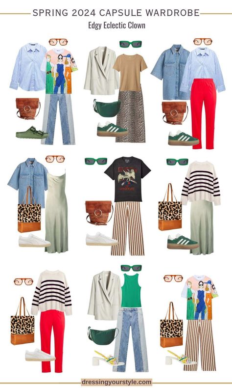 23-Piece Edgy Eclectic Clown Spring Capsule Wardrobe Eclectic Style Outfits, Maximalist Capsule Wardrobe, Fun Capsule Wardrobe, Maximalist Summer Outfits, Fun Outfits For Women, Eclectic Outfits For Women, Maximalist Style Fashion, Eclectic Style Clothing, Vintage Reselling