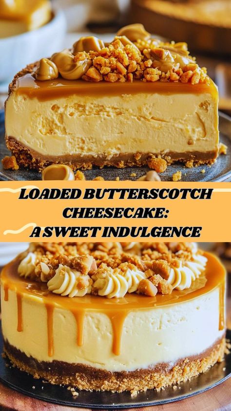 Decadent Loaded Butterscotch Cheesecake Alert! 🍰✨ This creamy cheesecake features a buttery graham cracker crust, rich butterscotch-infused filling, and indulgent toppings like whipped cream, butterscotch sauce, and toffee bits. Perfect for holidays, celebrations, or whenever you're craving something sweet and luxurious. Pin this recipe now and treat yourself to a dessert that's as stunning as it is delicious! 🍯💛 Butterscotch Cheesecake Recipe, Butterscotch Cheesecake, Butterscotch Desserts, Unique Recipes Desserts, Toffee Cheesecake, Savory Cheesecake, Toppings Bar, Simple Family Meals, Butterscotch Sauce