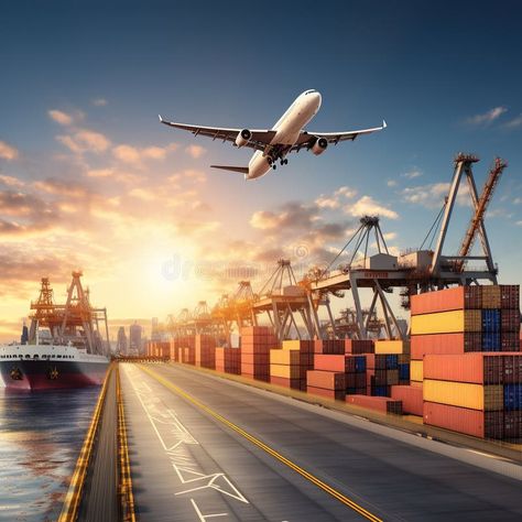 Cargo transportation. Plane, containers and ship. Generative AI stock photography Cargo Plane, Stock Photography, Transportation, Photo Image, Stock Photos, Photography