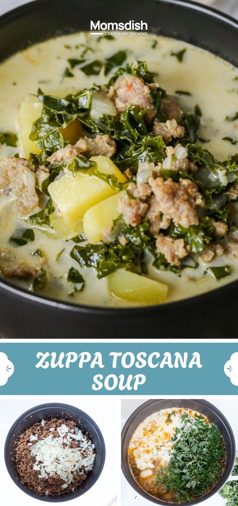 This one-pot zuppa toscana soup has a creamy broth loaded with sausage, potatoes, and kale. It's the Olive Garden copycat recipe we've all been anticipating and craving! Zuppa Toscana Soup For Two, Olive Garden's Zuppa Toscana Soup, Zuppa Toscana Soup Olive Garden Stovetop, Olive Garden Sausage And Kale Soup, Olive Garden Kale And Sausage Soup, Copycat Zuppa Toscana Soup, Sausage Soup Olive Garden, Kale Potato Sausage Soup, Olive Garden Kale Soup