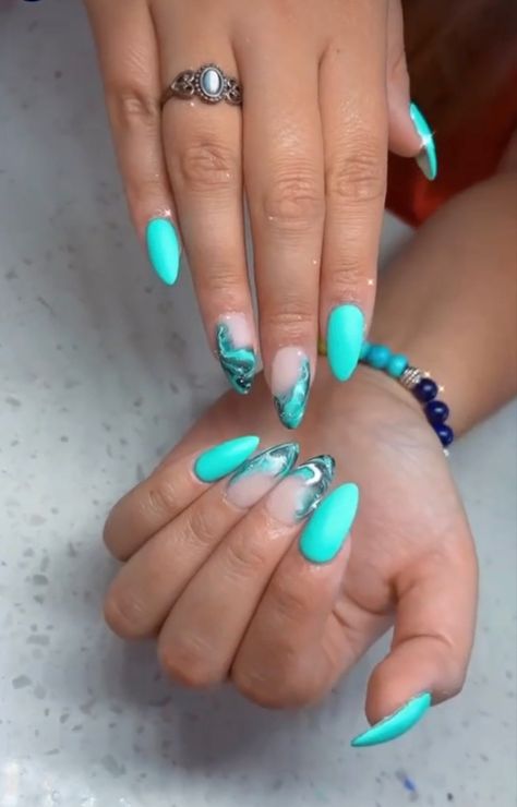 Blue And Mint Nails, Green And Blue Almond Nails, Teal Marble Nails, Teal And Silver Nails, Teal Almond Nails, Teal And White Nails, Marble Accent Nails, Blue Gold Nails, Tiffany Blue Nails