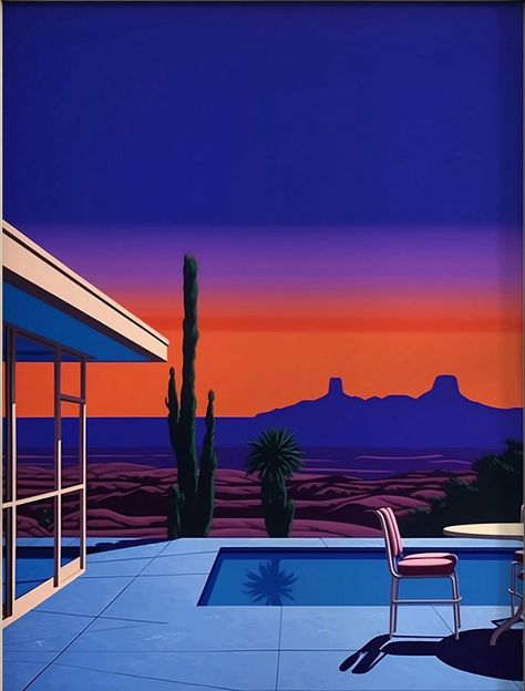 Chill Wave Aesthetic, Hiroshi Nagai Wallpaper Iphone, Hiroshi Nagai Art, Hitoshi Nagai, Chillwave Aesthetic, Blue Hour City, Synthwave Art 80s Style, 80s Architecture, Vaporwave Decor