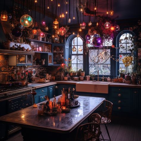 Magical Kitchen Decor, Kitchen Aesthetic Maximalist, Witchy Apartment Ideas, Whimsigoth Lighting, Whimsigoth Kitchen Decor, Whimsigothic Kitchen, Witchy Maximalist Decor, Tasteful Maximalism, Witchy Cottage Interior