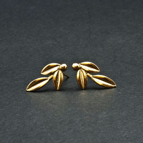 Gold Olive Leaves Small Earrings, Olive Twig Stud Earrings, Olive Branch Delicate Earrings, Greek Goddess Athena Symbol, Greek Jewelry #gold #etsy #wedding #women #goldearrings #leaf #silver #plantstrees #earlobe Athena Jewelry, Olive Branch Jewelry, Athena Symbol, Greek Goddess Athena, Olive Jewelry, Gilded Cage, Small Earrings Gold, Copper Electroforming, Goddess Athena