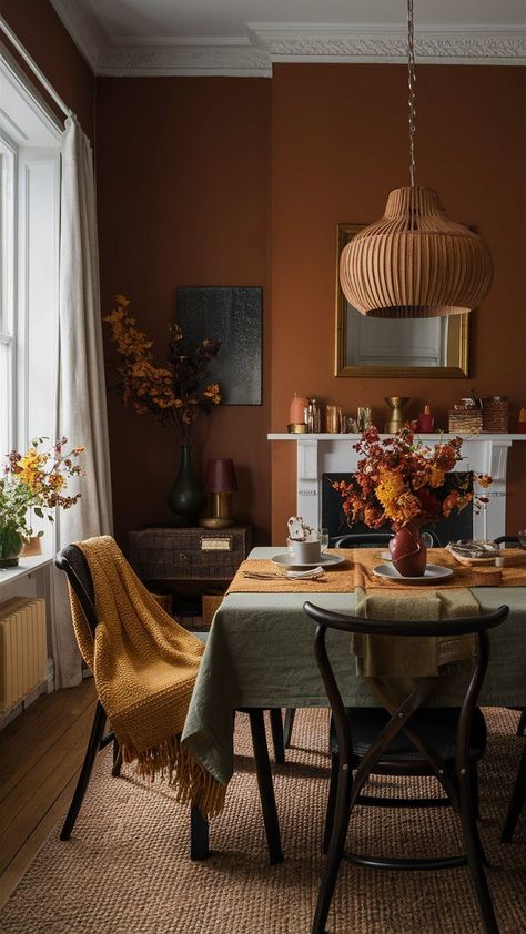 Discover stunning fall Thanksgiving decor ideas with this curated Amazon list! Transform your space with fall front porch decor, beautiful fall arrangements, and easy fall decor solutions. Elevate your dining experience with elegant fall table centerpieces and fall table decor. Embrace the season with cozy and stylish autumn decorating touches. #Affiliate #FallDecor #ThanksgivingDecor #FallCenterpieces #FallFrontPorchDecor Autumn House Interior, Dopamine Apartment, Terracotta Dining Room, Cosy Dining Room, Orange Dining Room, Cosy Snug, Warm Dining Room, Fall Interior Design, Fall Dining Table