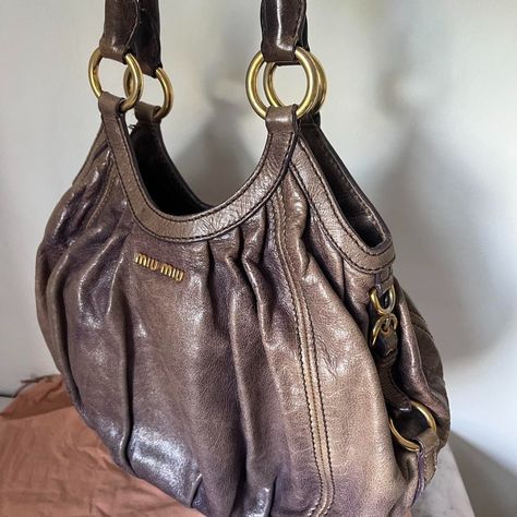 Miu Miu Vintage 2000s Brown Leather Tote Bag Brown... - Depop Miu Miu Tote Bag, Vintage Miu Miu Bag, 2000 Handbags, Kitty Heels, Vintage Miu Miu, Brown Leather Tote Bag, Vintage Tote Bag, Miu Miu Bag, College Bags