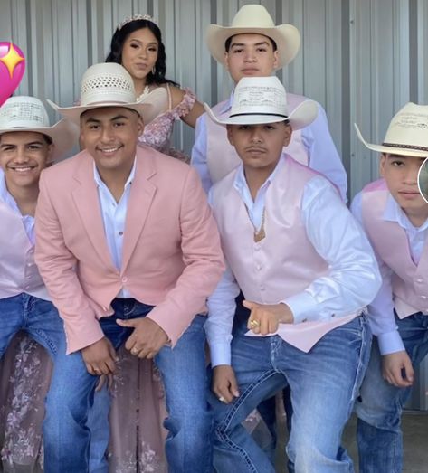 Blush Pink Chambelan Outfits, Chamberlain Outfits Quince Pink, Purple Chambelan Outfits Vaquero, Quinceanera Guys Outfits, Chambelans Suits Pink, Pink And White Chambelan Outfits, Western Chambelanes Outfits, Light Pink Quince Chambelanes, Dama Suprise Dance Outfits