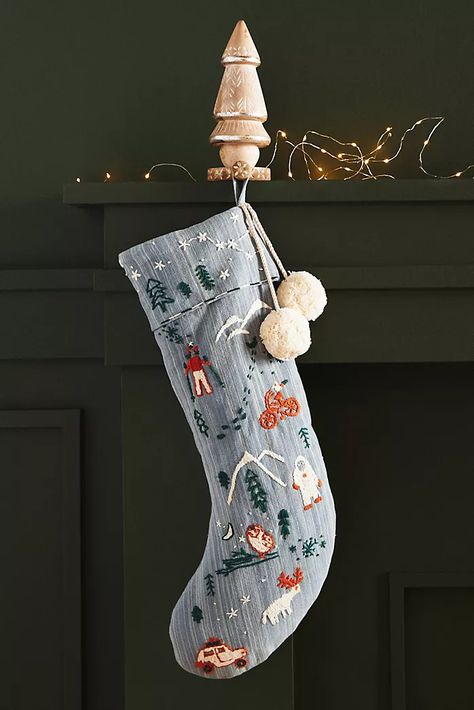 Embroidered Stocking, Christmas Fair Ideas, Unique Christmas Stockings, Embroidered Stockings, Vintage Christmas Stockings, Felt Stocking, Embroidered Motifs, Embroidery Christmas, Festive Holiday Decor