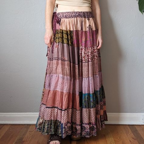 vintage patchwork maxi skirt. the colors are mostly... - Depop Patchwork Maxi Skirt, Long Brown Skirt, Skirt Patchwork, Brown Skirt, Different Shades Of Pink, Vintage Patchwork, Pink And Brown, Brown Skirts, Slow Stitching