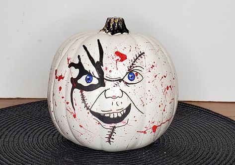 Visit my Facebook page for more Creepy Holiday Stuff Chucky Pumpkin Painting, Chucky Pumpkin, Chucky Painting, Painting Pumpkins, Painted Pumpkin, Childs Play, Pumpkin Painting, Painted Pumpkins, Facebook Page