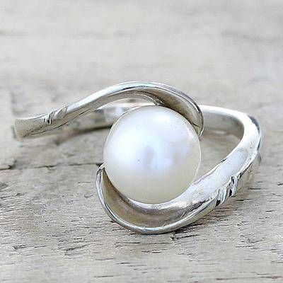 Cultured pearl single stone ring, 'Fantastic Swirl' - Hand Crafted Cultured Pearl Single Stone Ring from India Stone Ring Design, Blue Diamond Jewelry, White Stone Ring, Cultured Pearl Ring, Pearl Jewelry Gift, Hand Rings, Single Stone Ring, Silver Ring Designs, Gold Rings Fashion