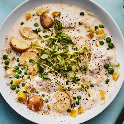 Spring Pea Fish Chowder Recipe | Epicurious Spring Entrees, Best Halibut Recipes, Kitchen Swagger, Canned Clams, Lent Ideas, Spring Soups, Fish Meal, Fish Chowder, Halibut Recipes