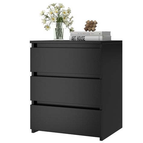 PRICES MAY VARY. Durable Bedroom Nightstand -- Crafted of premium particleboard boards, this black Night Stand is well made and offers great durability. The wood look and classic black color can match most décor styles and add elegance to your room. Versatile Black Night Stand-- With a size of 17.7W * 15D * 21.7H inches (45*38*55 cm), bedroom, living room, kitchen, office all welcome this 3 drawer nightstand to help you make your clothes, books, table lamp, mobile phone, data cables all well arr Black Bedside Table Ikea, Black Bed Side Table Ikea, Ikea Black Nightstand Hack, Black Nightstand Under $200, Bedroom Side Tables Black, Black Side Table White Bed, White Bedding Black Nightstand, Black Nightstand The Home Depot, Kullen Nightstand