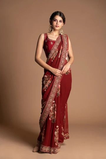 #kalista #newcollection #IndianWedding #indianbridefashion #botanicalprints #indiandesigners #festivewear #weddingdresses #weddinginspiration #wedmegood #persianmotifs #flowlysilhouette #royal #kalistakids #shaadiektyohaar Sari India, Lehenga Inspiration, Maroon Saree, Fancy Sarees Party Wear, Drape Saree, Saree Trends, Red Saree, Wedding Saree, Blouse For Women