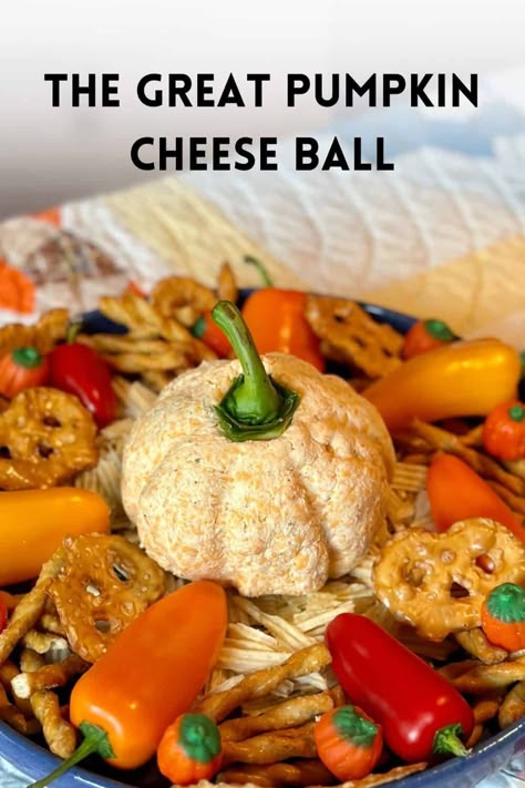 Only 4 ingredients and 10 minutes to make The Great Pumpkin Cheese Ball. It's a perfect appetizer for fall parties or Halloween gatherings. Cheeseball Pumpkin, Pumpkin Shaped Cheese Ball, Shaped Cheese Ball, Halloween Cheese Ball, Vegetable Cream Cheese, Pumpkin Cheese Ball, Fall Appetizer, Fall Parties, Mini Sweet Peppers