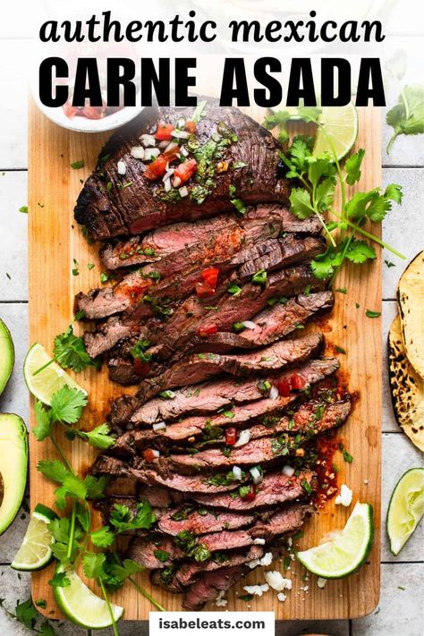 A delicious carne asada recipe made from marinated flank steak or skirt steak and grilled until tender and juicy. A great addition to any Mexican meal, this authentic recipe is made with olive oil, lime juice, garlic, cumin, oregano and other simple ingredients. Best Carne Asada Recipe, Asada Recipes, Authentic Carne Asada Recipe, Carne Asada Grilled, Asada Marinade, Carne Asada Recipe, Steak Taco Recipe, Carne Asada Marinade, Isabel Eats