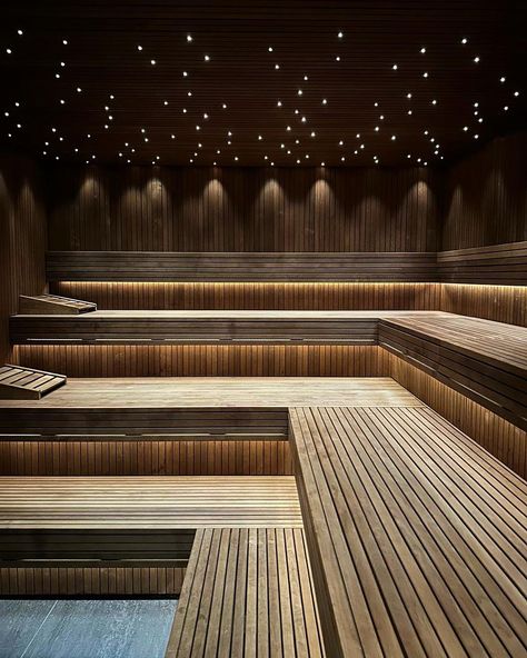 A starry sky in a custom sauna is a match made in heaven 💫  #saunadesign #customsauna #switzerland #wellnessgoals #sauna #auroomwellness Sauna Seating Design, Sauna Interior, Sauna Interior Design, Luxury Sauna, Sauna Design Interior, Home Sauna, Sauna Aesthetic, Commercial Sauna Design, Dark Sauna Interior