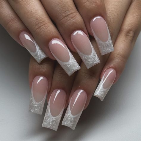 pearl tips 🤍✨🐚 #rgvnails #956nailtech Pearl White French Tip Nails Square, Pearl French Tip Nails Square, White Perle Nails, Pearl White French Tip Nails, Square Pearl Nails, Pearl Square Nails, Pearl Nails Square, Nails W Pearls, Pearl Nails Acrylic